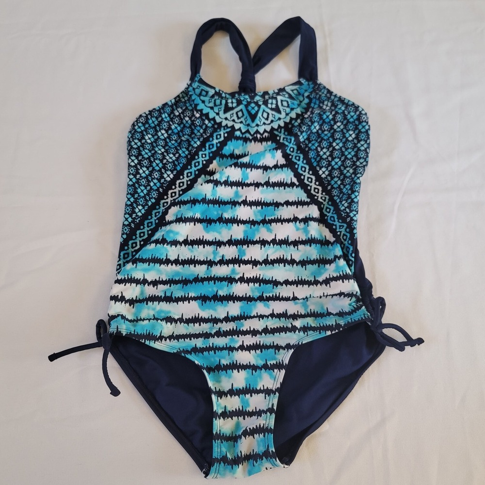 Justice Girls Medallion Tie Dye One Piece Swimsuit Side Ties Criss Cross 14